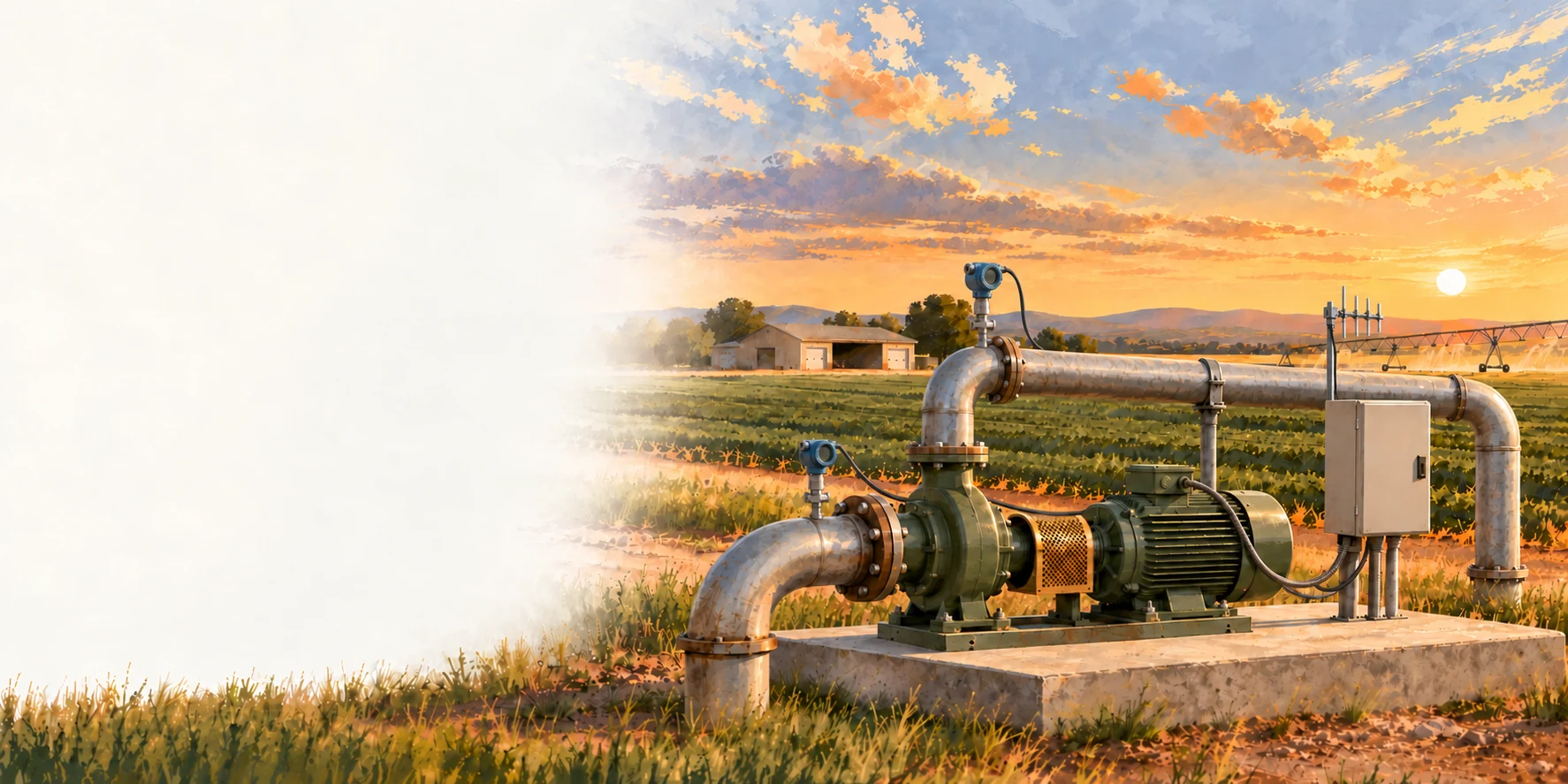 Illustration of a farm pump with connected piping, two pressure sensors, motor wiring, and a control cabinet with a small Yagi antenna beside fields and a workshop.
